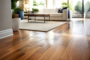 Hardwood floor maintenance guide—Close-up of polished hardwood floor with cleaning supplies and a microfiber mop