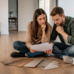 Flooring warranty guide—Open booklet with highlighted sections on a wooden floor background