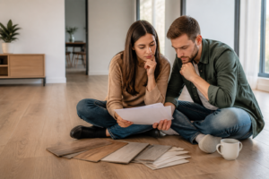 Flooring warranty guide—Open booklet with highlighted sections on a wooden floor background