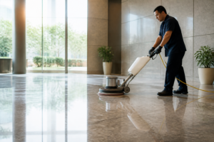 Healthy home flooring—Close-up of a professional cleaning a wooden floor with eco-friendly products in a bright, modern living room