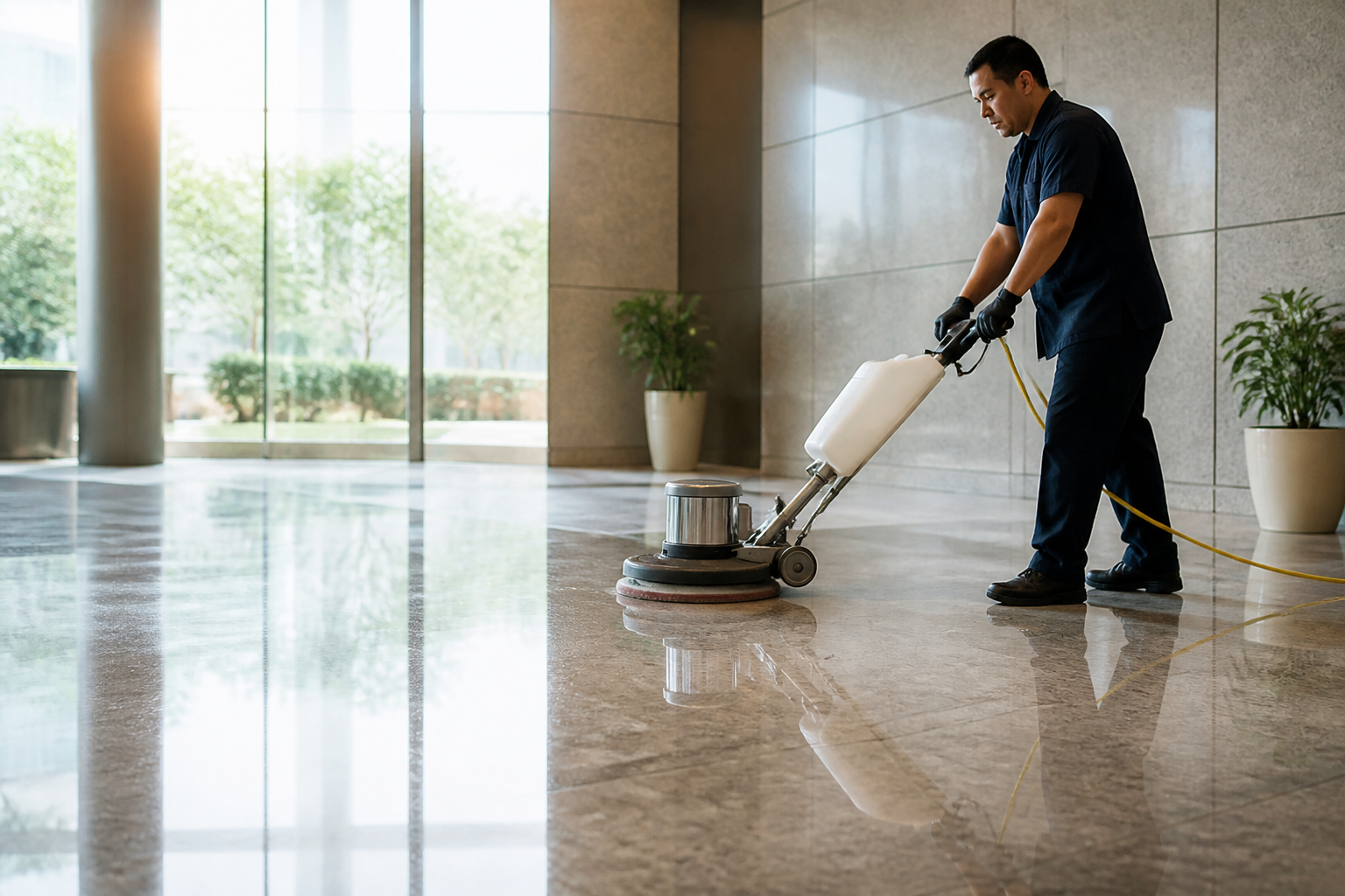 Healthy home flooring—Close-up of a professional cleaning a wooden floor with eco-friendly products in a bright, modern living room
