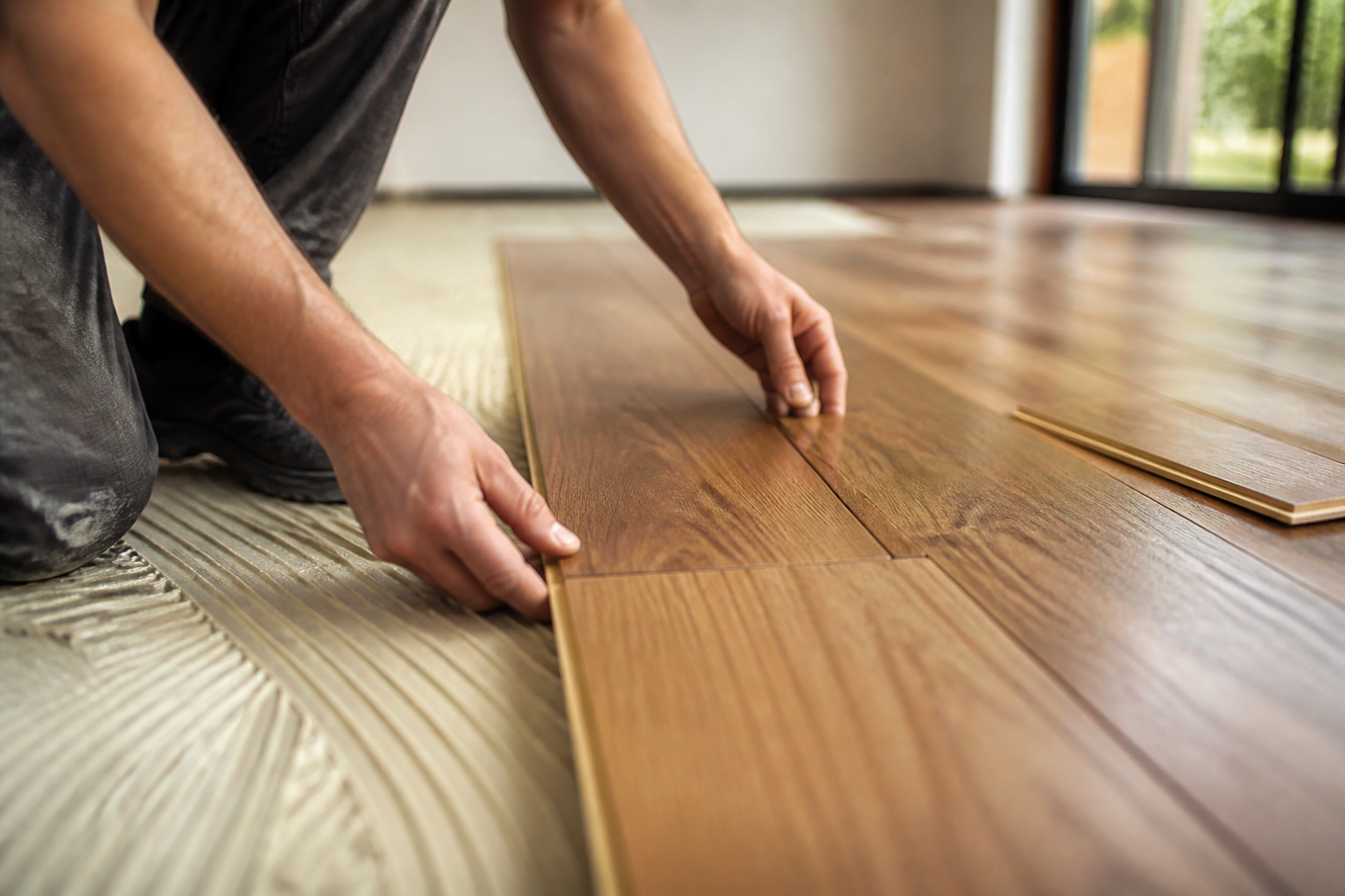 Healthy home flooring — Close-up of a professional installing a hardwood floor