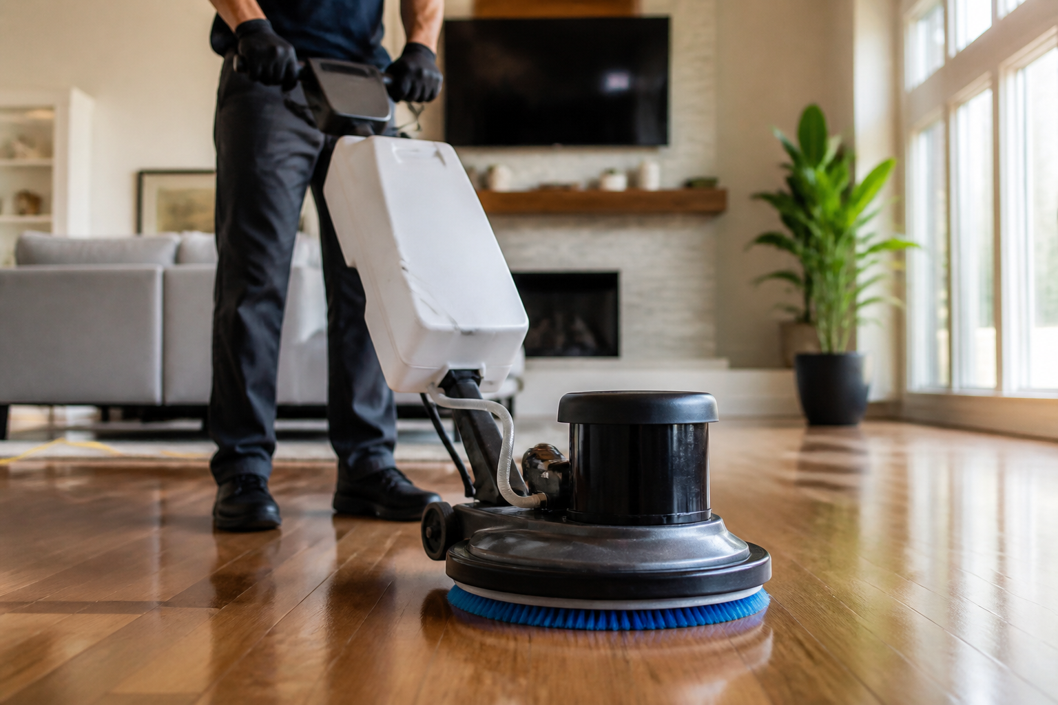 Allergy friendly flooring — Professional cleaner using equipment on hardwood floor