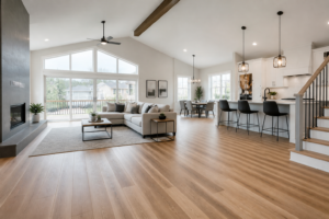Flooring trends New Jersey 2026—Modern living room with sleek hardwood floors and minimalist furniture design